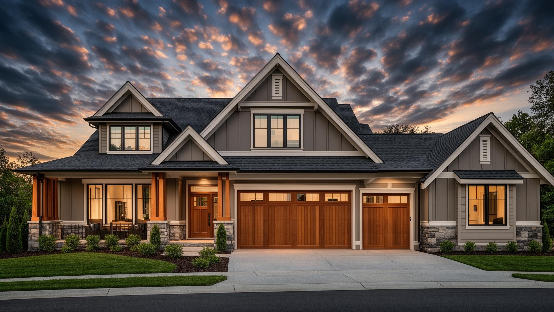 Beautiful craftsman home with elegant wood garage door